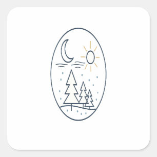 Cute Winter Celestial Sun Moon Pine Trees Art Square Sticker