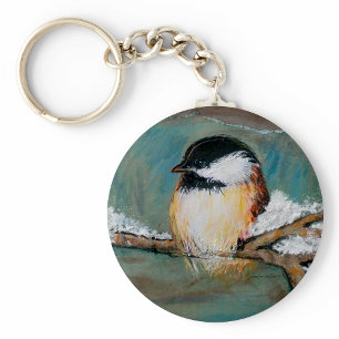 Cute Winter Chickadee Song Bird Painting Keychain