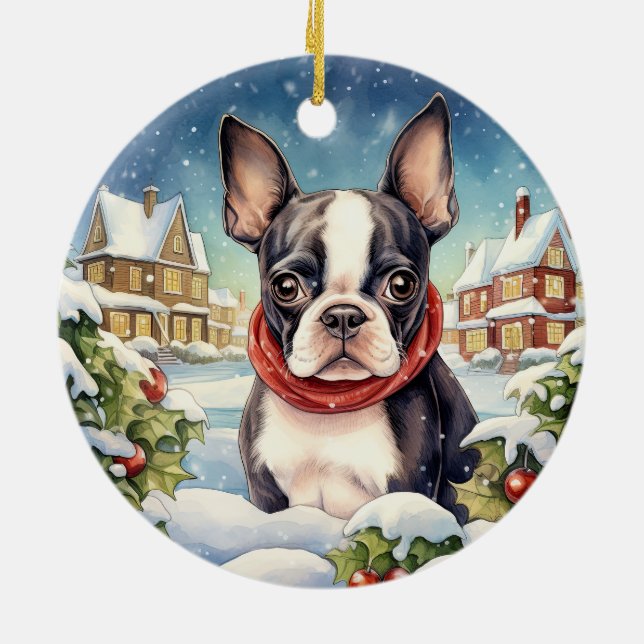 Cute Winter Christmas Boston Terrier Ceramic Ornament (Back)
