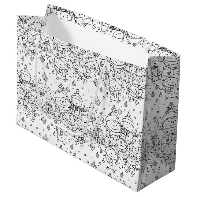 Cute Winter Christmas Doodle Pattern (2) Large Gift Bag (Front Angled)