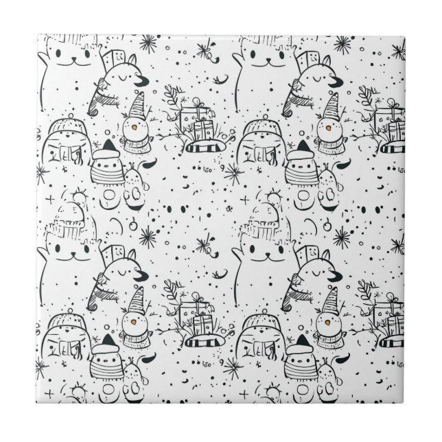 Cute Winter Christmas Doodle Pattern (4) Tile (Front)