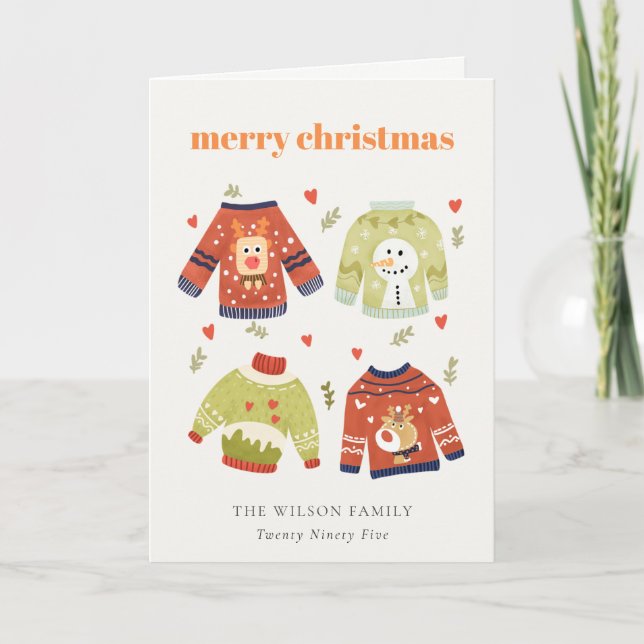 Cute Winter Christmas Hearts Leafy Ugly Sweater  Holiday Card (Front)
