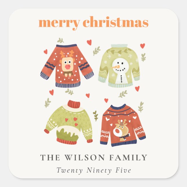 Cute Winter Christmas Hearts Leafy Ugly Sweater  Square Sticker (Front)