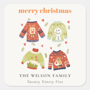 Cute Winter Christmas Hearts Leafy Ugly Sweater Square Sticker
