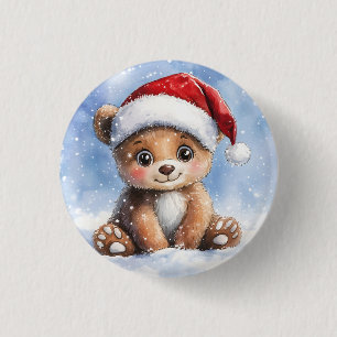 Cute Winter Christmas Santa Bear Cub Watercolor  1 Inch Round Button