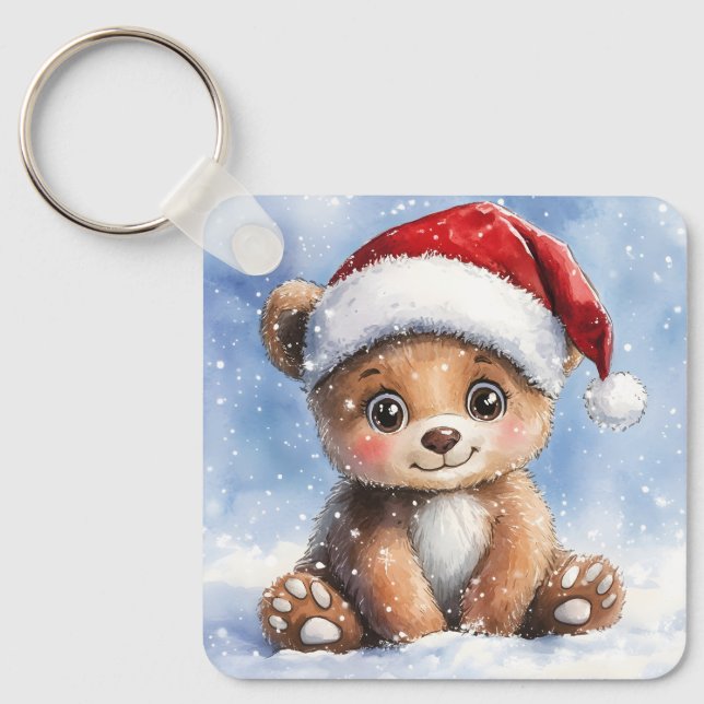 Cute Winter Christmas Santa Bear Cub Watercolor  Keychain (Front)