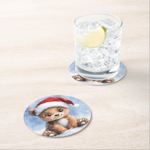 Cute Winter Christmas Santa Bear Cub Watercolor Round Paper Coaster