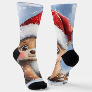 Cute Winter Christmas Santa Bear Cub Watercolor Socks