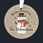 Cute Winter Christmas Snowman Ornament<br><div class="desc">A cute Christmas snowman with the words Merry Christmas decorates this ornament. Personalize it with your family name. A fun accent for the Christmas holiday season. Designed for you by Blackberry Boulevard.</div>