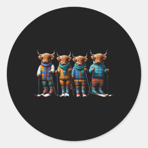 Cute Winter Cows Plaid Scarf Skiing Snowshoe Snow  Classic Round Sticker