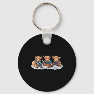 Cute Winter Cows Plaid Scarf Skiing Snowshoe Snow Keychain