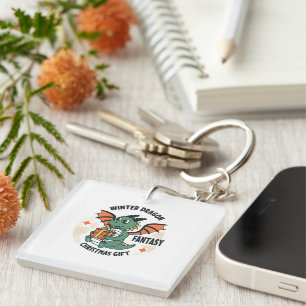 Cute Winter Dragon with Gift Fantasy Christmas Keychain