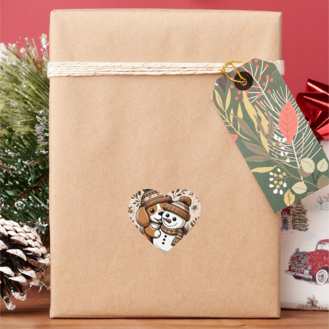 Cute Winter Duo: Dog in Patterned Hat and Snowman  Heart Sticker (Holiday)