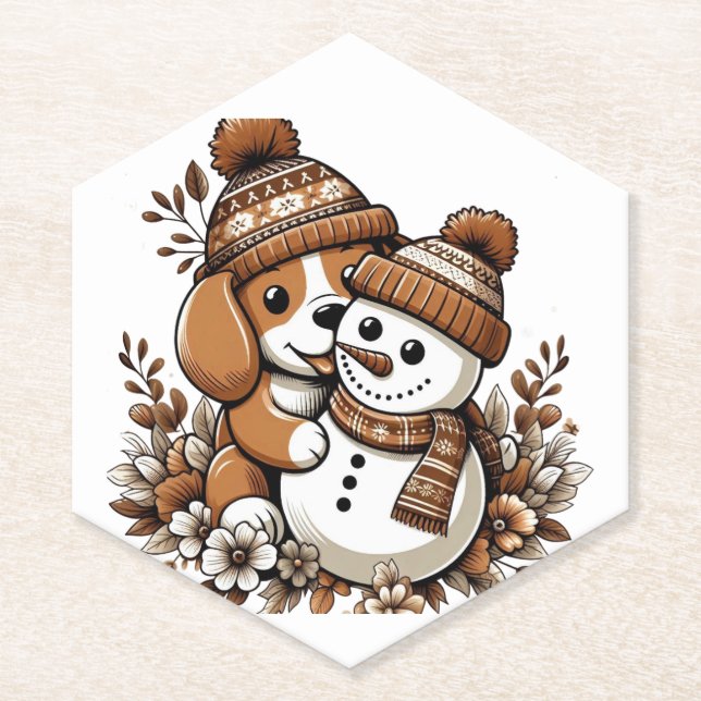 Cute Winter Duo: Dog in Patterned Hat and Snowman  Paper Coaster (Front)