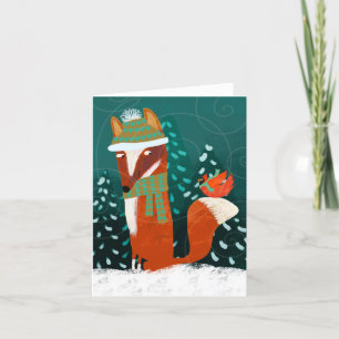 Cute Winter Fox and Cardinal BLANK Greeting Card