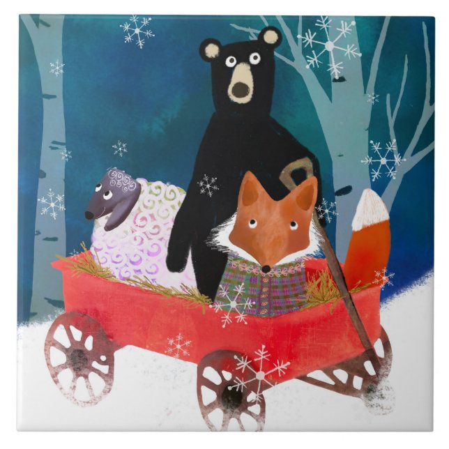 Cute Winter Friends in Red Wagon Ceramic Tile (Front)