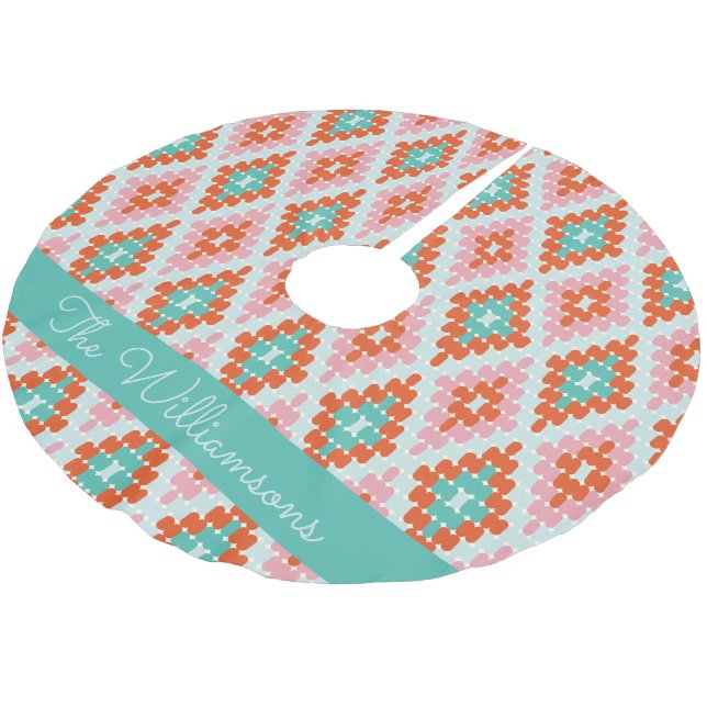 Cute Winter Geometric Pattern Teal and Pink Name  Brushed Polyester Tree Skirt (Angled)