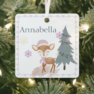 Cute Winter Girl Fawn Custom Name Metal Ornament