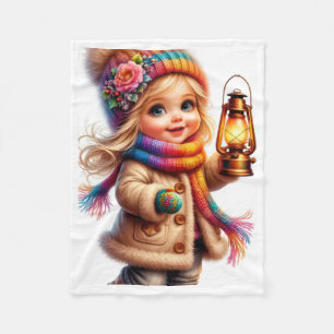 Cute Winter Girl Holding Lantern Fleece Baby Blank Blanket
