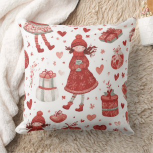 Cute Winter Girl Holiday Pattern Throw Pillow