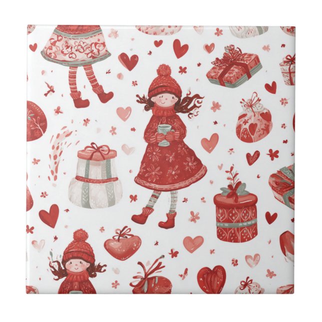 Cute Winter Girl Holiday Pattern Tile (Front)