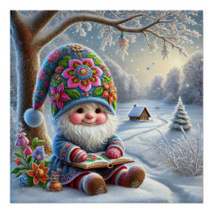 Cute Winter Gnome in a Cozy Winter Landscape Poster