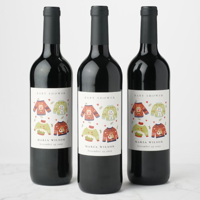 Cute Winter Hearts Leafy Ugly Sweater Baby Shower  Wine Label (Bottles)