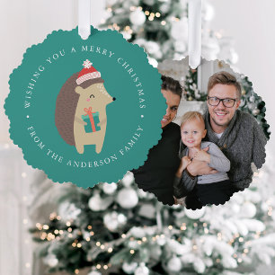 Cute Winter Hedgehog Photo Holiday Ornament Card