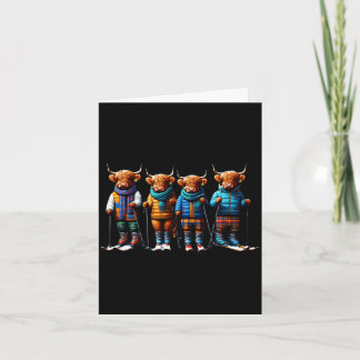 Cute winter highland cows plaid scarf skiing card