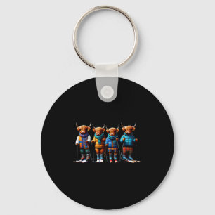 Cute winter highland cows plaid scarf skiing keychain