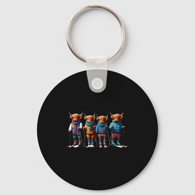 Cute winter highland cows plaid scarf skiing keychain (Front)