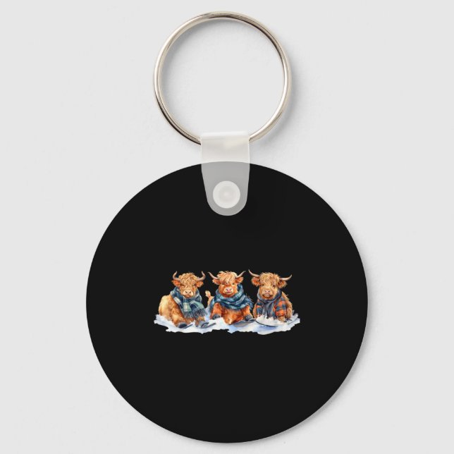 Cute winter highland cows plaid scarf skiing keychain (Front)