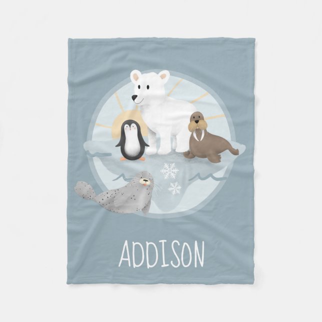 Cute Winter Holiday Polar Bear and Penguin Kids Fleece Blanket (Front)