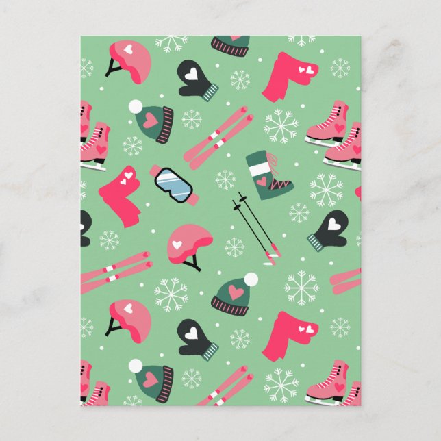 Cute Winter Holiday Sports Pattern  Postcard (Front)