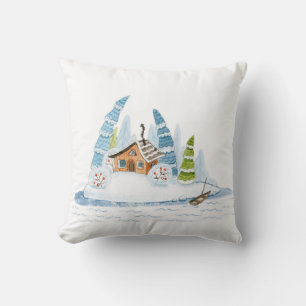 Cute winter house Christmas watercolor Throw Pillow