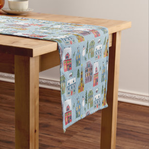 Cute winter Houses red & blue landscape snow  Short Table Runner