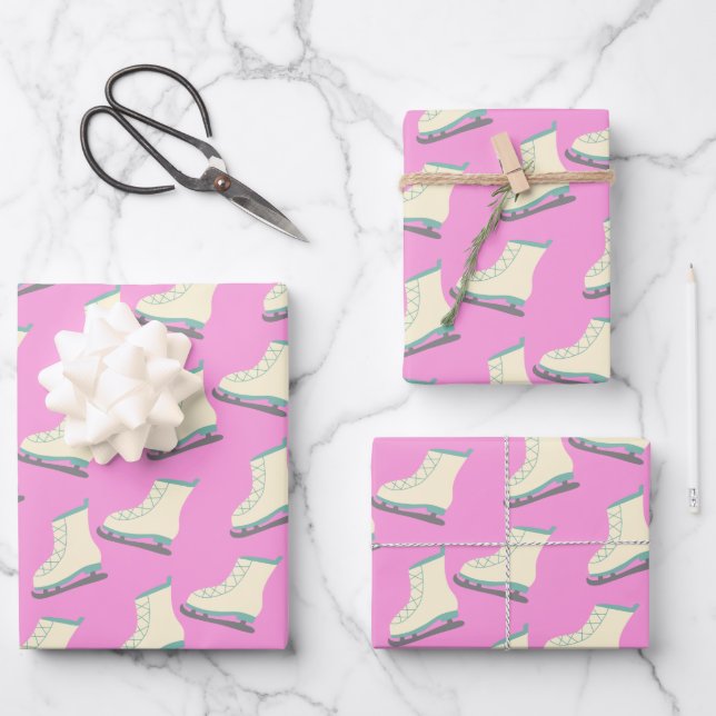 Cute Winter Ice Skates Pattern in Playful Pink Wrapping Paper Sheet (Front)