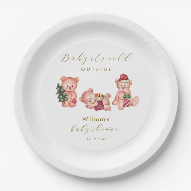 Cute Winter It's Cold Outside Bear Baby Shower  Paper Plate (Front)