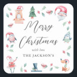 Cute Winter Merry Christmas Personalized  Square Sticker<br><div class="desc">Cute Winter Merry Christmas Sticker. Design features the cutest watercolor festive images framing an elegant Merry Christmas template and family name in a combination of serif and calligraphy script.</div>