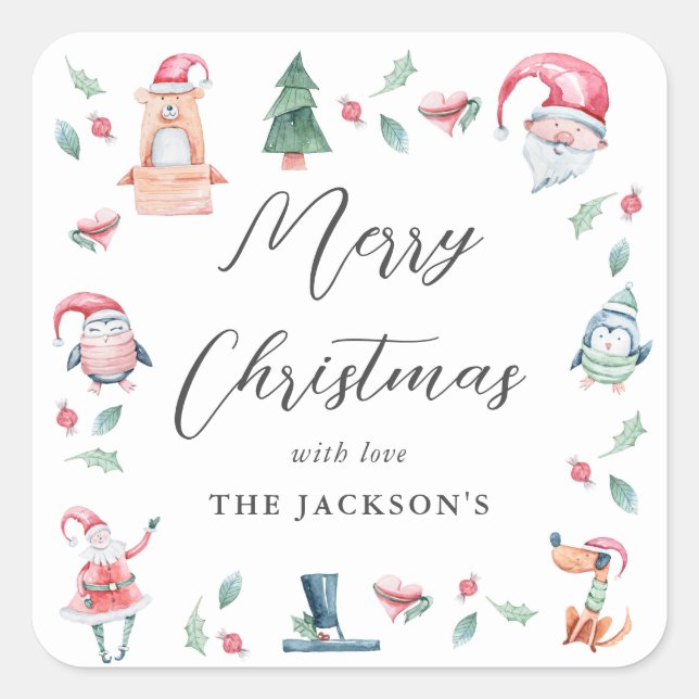 Cute Winter Merry Christmas Personalized  Square Sticker (Front)