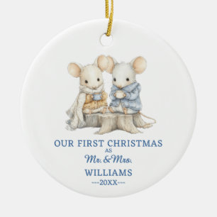 Cute Winter Mice Newlywed Photo First Christmas Ceramic Ornament