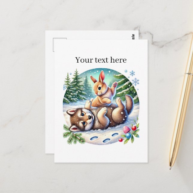 Cute Winter mixed animals wolf rabbit customizable Postcard (Front/Back In Situ)