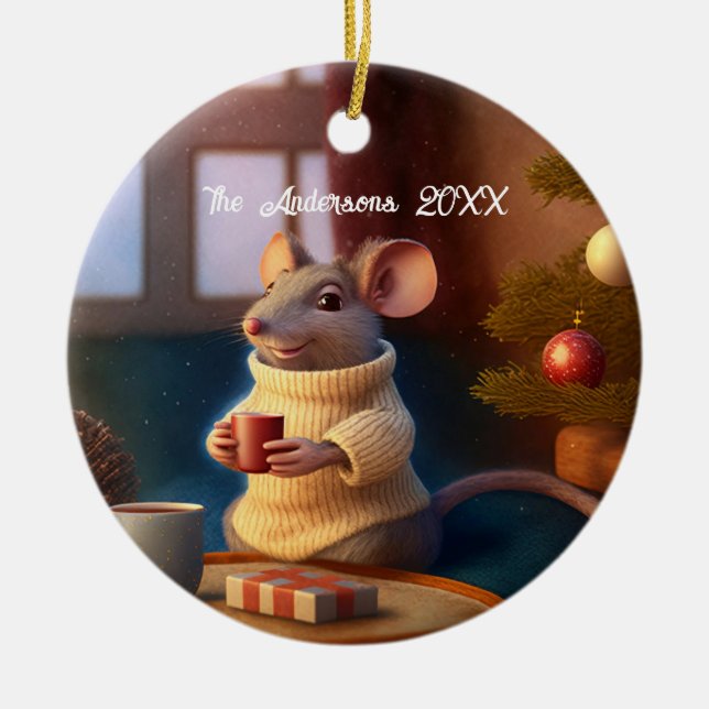 Cute Winter Mouse Drinking a tea Ceramic Ornament (Front)