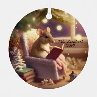 Cute Winter Mouse reading a book Custom Metal Ornament