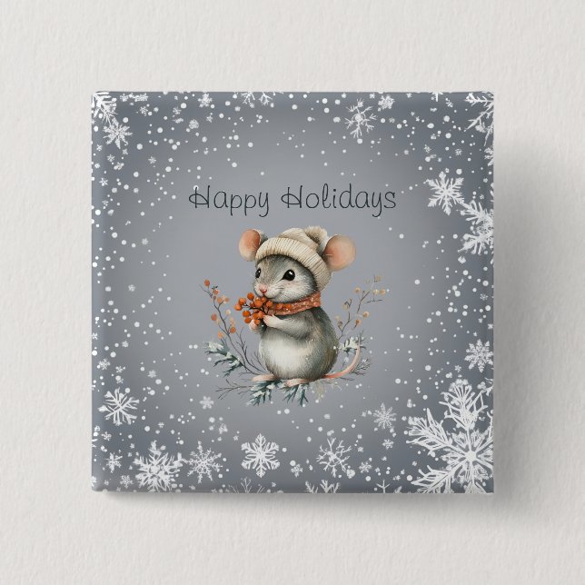 Cute Winter Mouse with Berries 2 Inch Square Button (Front)