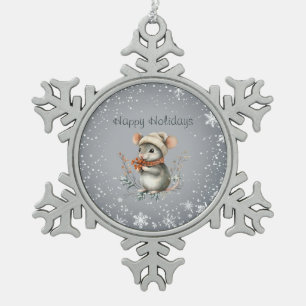 Cute Winter Mouse with Berries Snowflake Pewter Christmas Ornament
