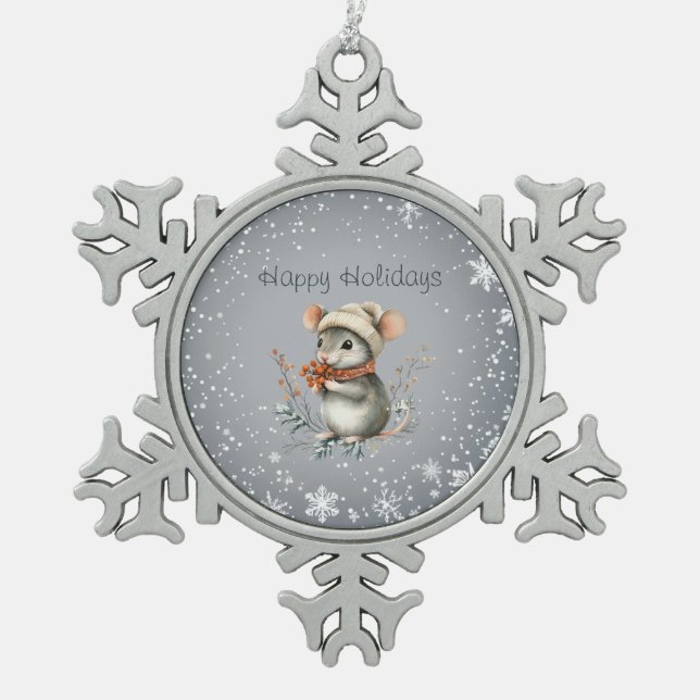 Cute Winter Mouse with Berries Snowflake Pewter Christmas Ornament (Front)