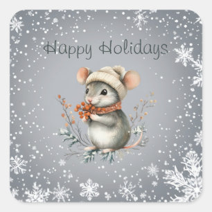 Cute Winter Mouse with Berries Square Sticker