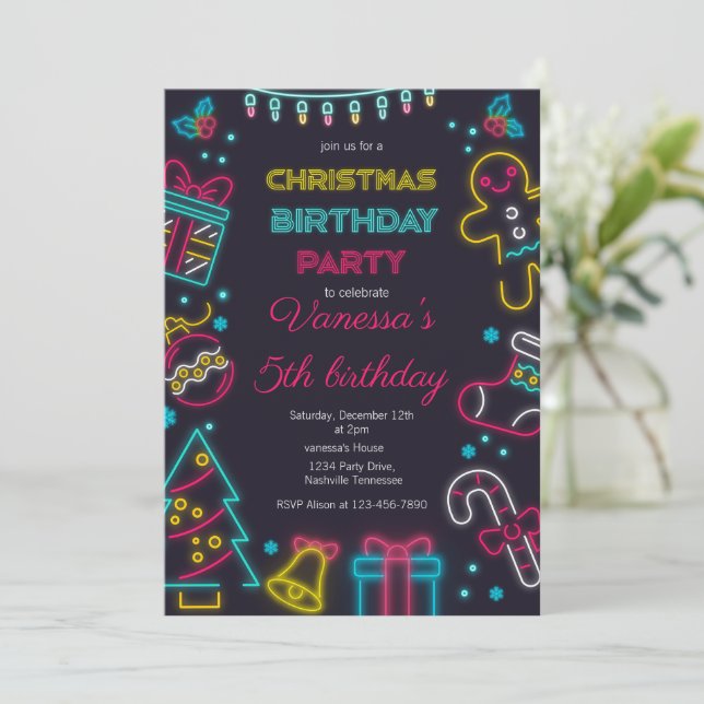 Cute Winter Neon Christmas Birthday Party Invitation (Standing Front)