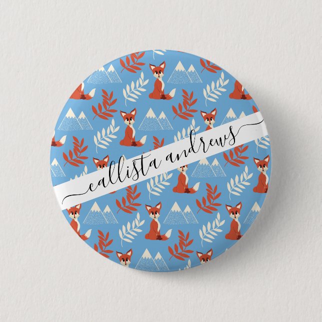 Cute Winter Orange Fox Mountains Leaf Pattern 2 Inch Round Button (Front)